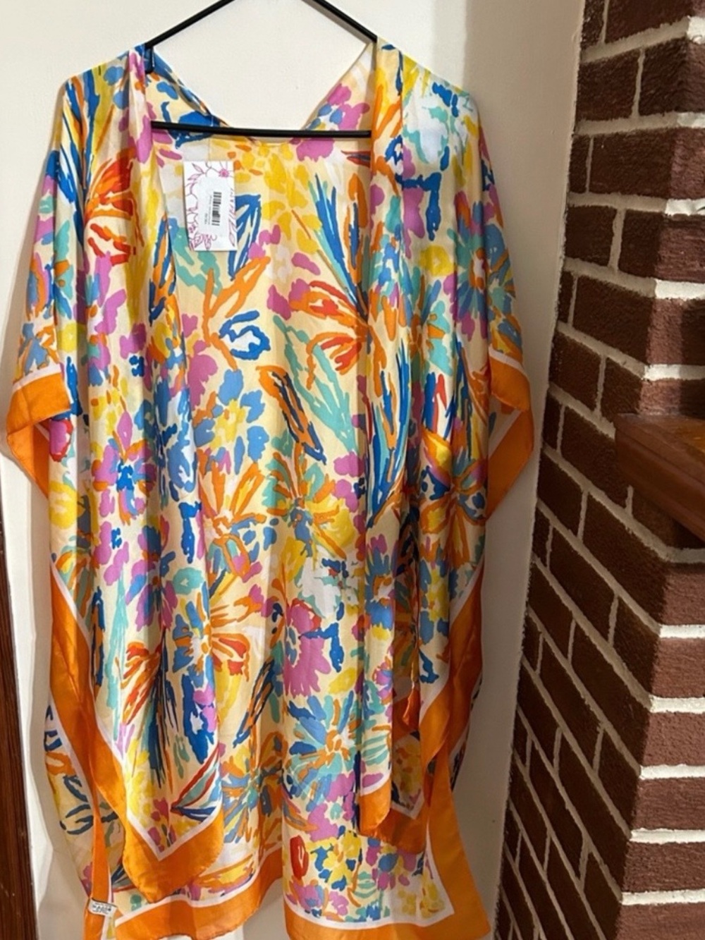 NWT Boutique Brand Colorful Silky Floral Kimono Cover-Up with Orange Trim